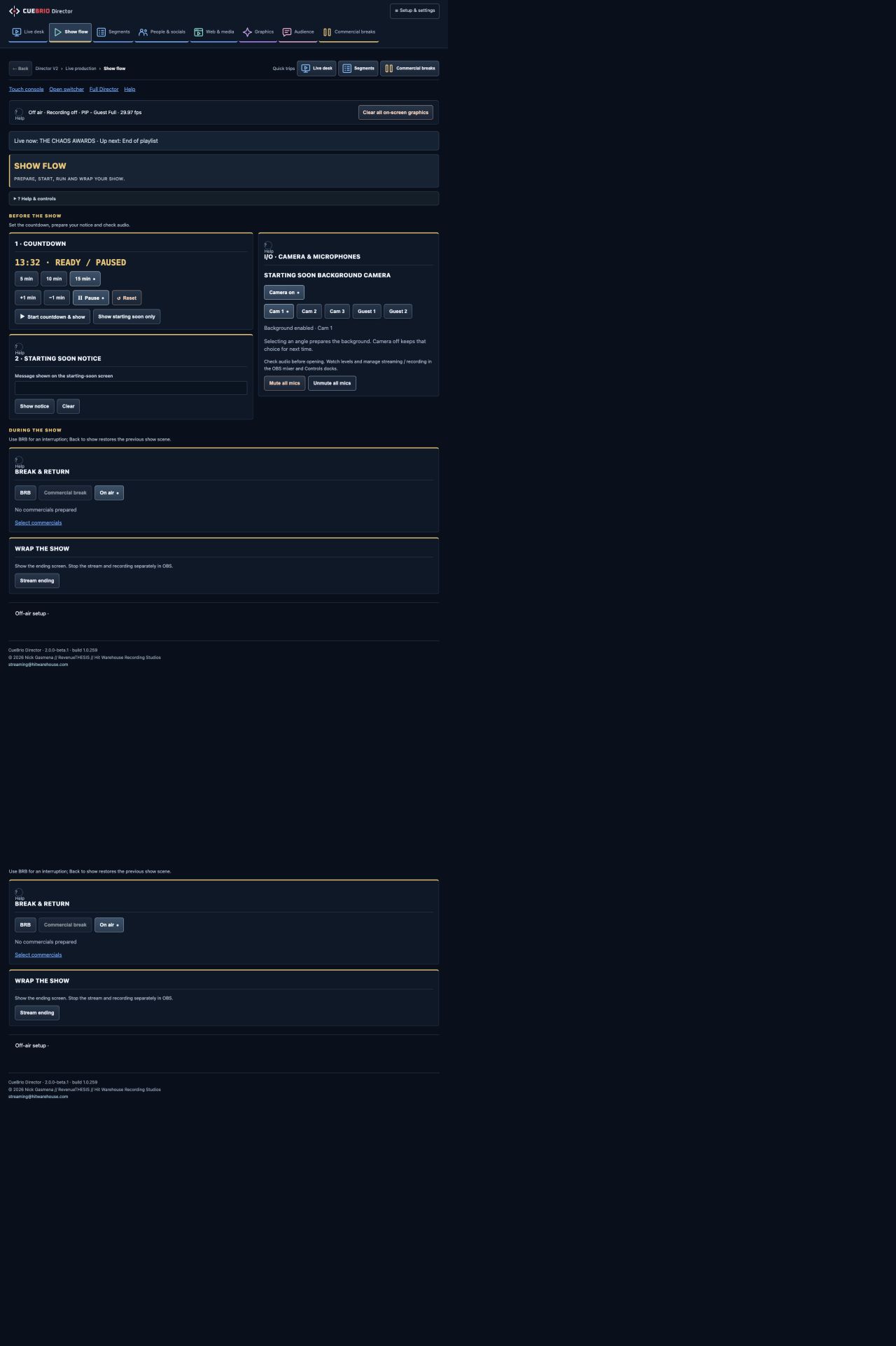 Director show flow with countdown, starting-soon notice, microphone controls and break-and-return actions