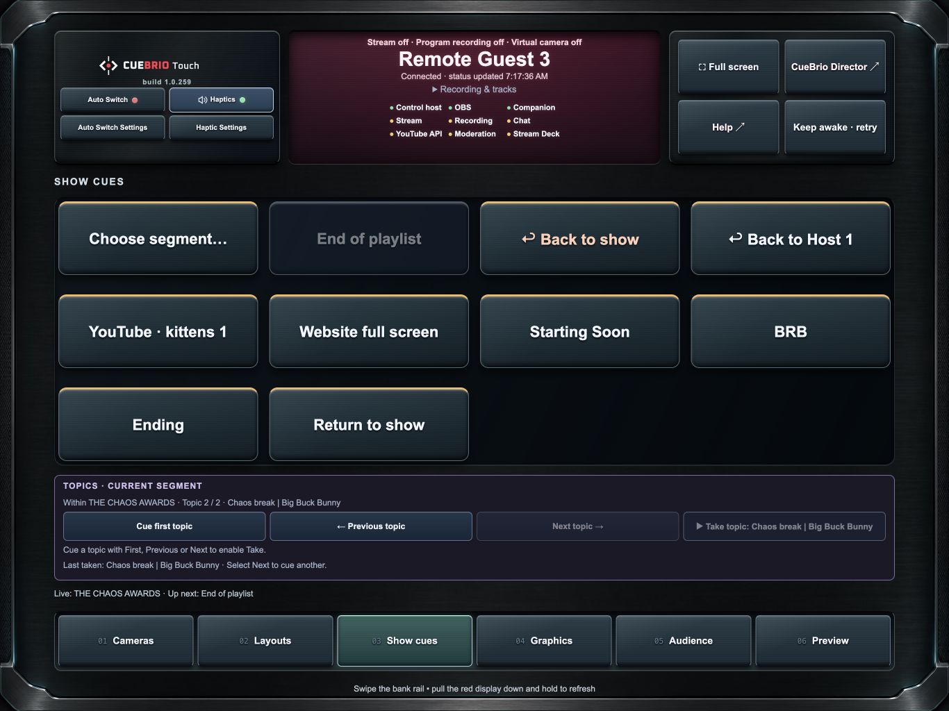 CueBrio Touch show cues and current-segment topic controls