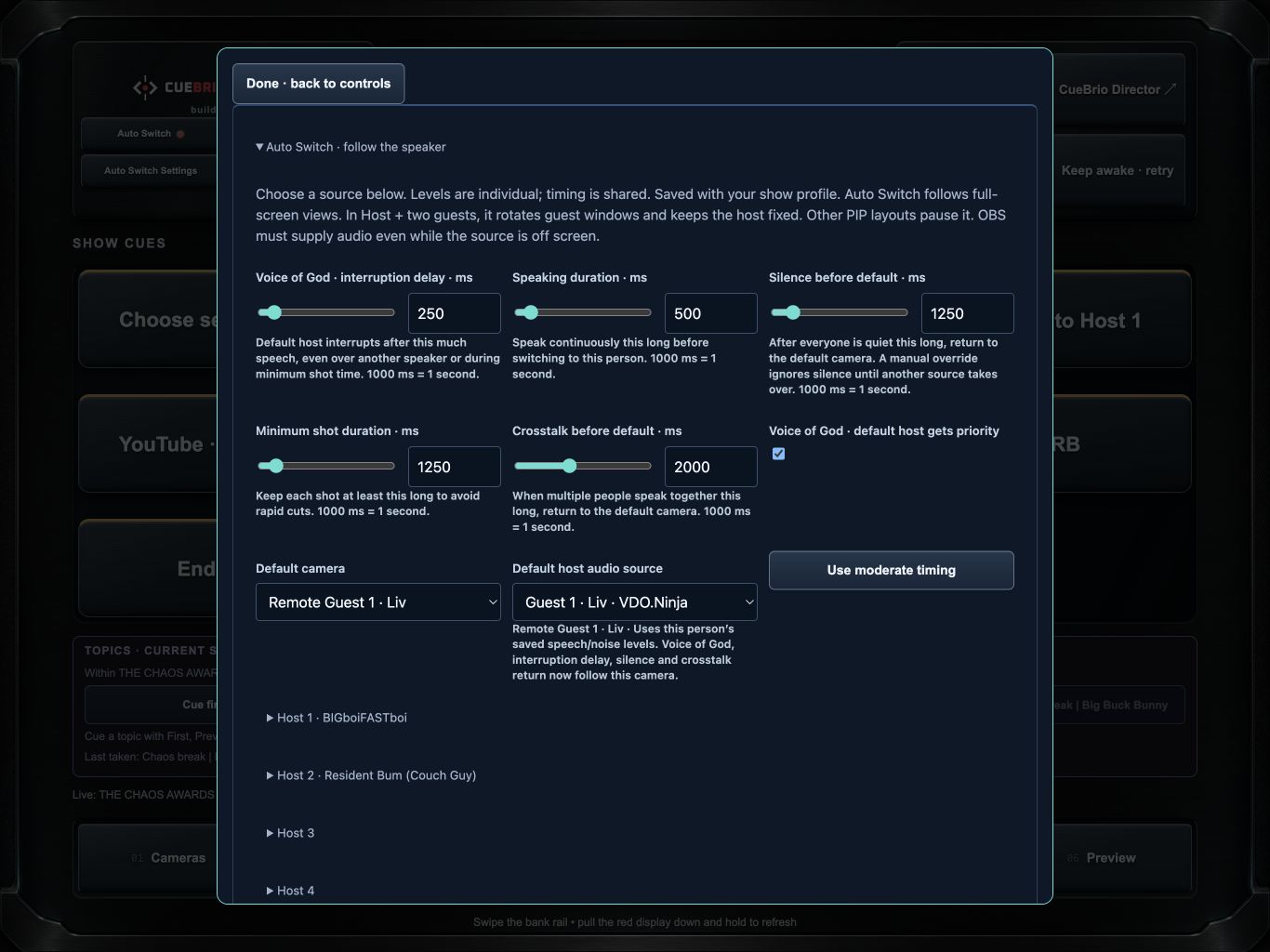 Auto Switch settings showing speaking delay, silence return, minimum shot duration, crosstalk and default host priority